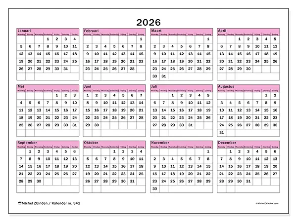 Jaarkalender 2026 om af te drukken - Planning en vooruitzicht