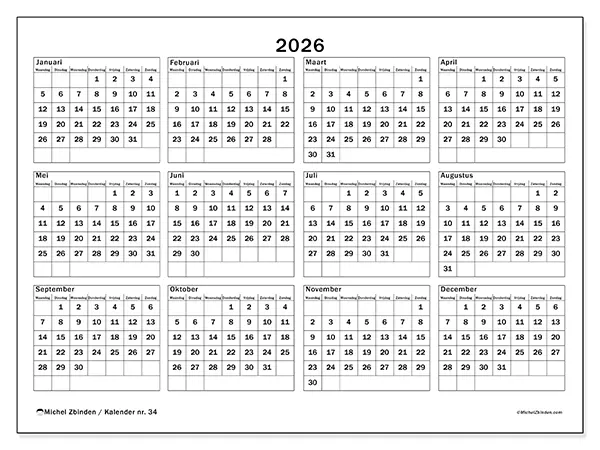 Jaarkalender 2026 om af te drukken - Vakantie en vrije tijd