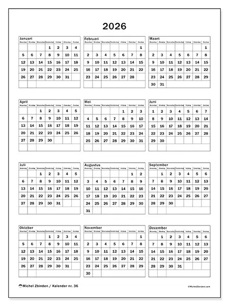 Jaarkalender 2026 om af te drukken - Familiefeesten