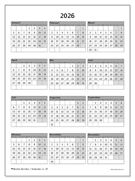 Jaarkalender 2026 om af te drukken - Eenvoudig en professioneel