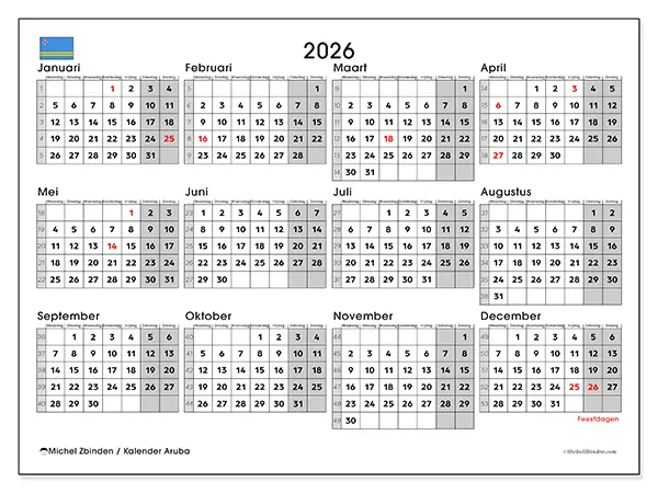 Jaarkalender 2026 om af te drukken - Aruba