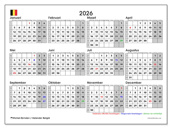 Jaarkalender 2026 om af te drukken - België