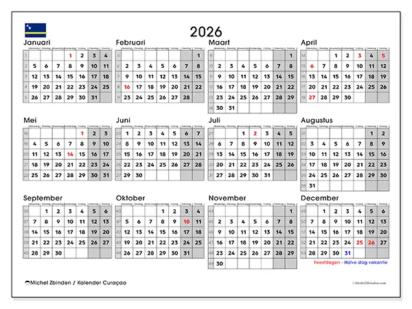 Jaarkalender 2026 om af te drukken - Curaçao