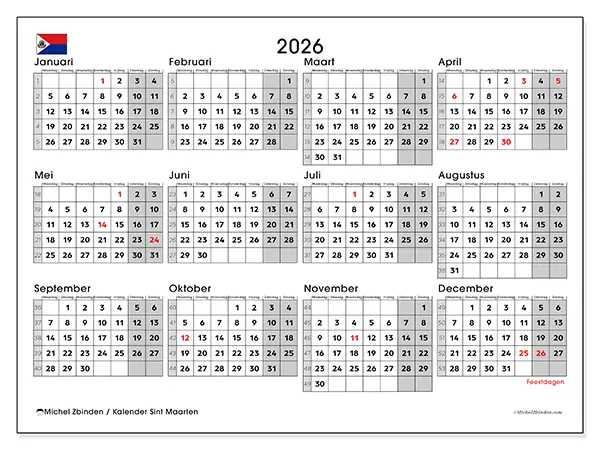 Jaarkalender 2026 om af te drukken - Sint Maarten