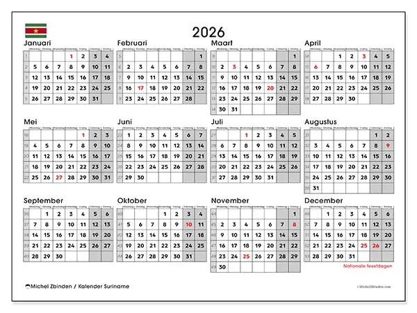 Jaarkalender 2026 om af te drukken - Suriname