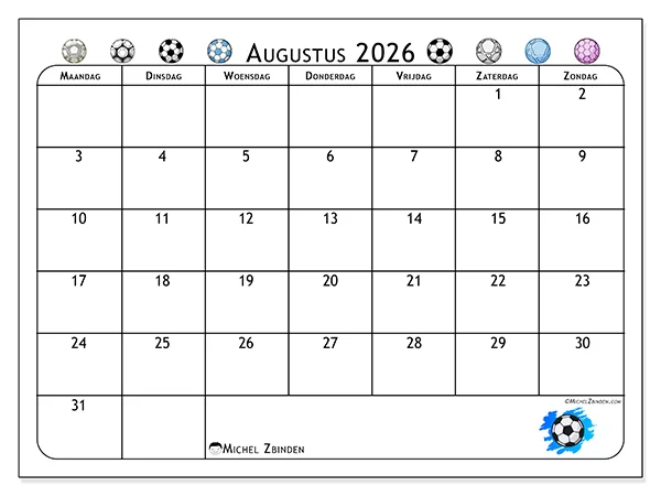 Kalender augustus 2026 om af te drukken - Voetbalpassie