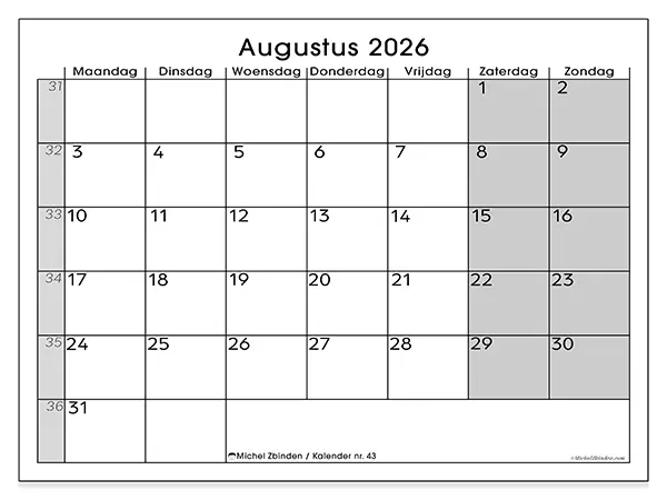 Kalender augustus 2026 om af te drukken - Eenvoudig overzicht