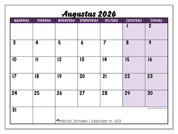 Kalender augustus 2026 om af te drukken - Kleurrijke taken