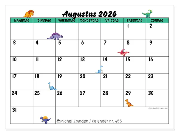 Kalender augustus 2026 om af te drukken - Kleine dinosaurussen