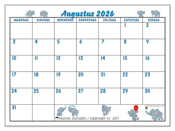 Kalender augustus 2026 om af te drukken - Kleine olifanten