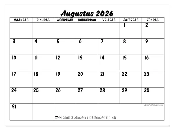Kalender augustus 2026 om af te drukken - Schoolsucces