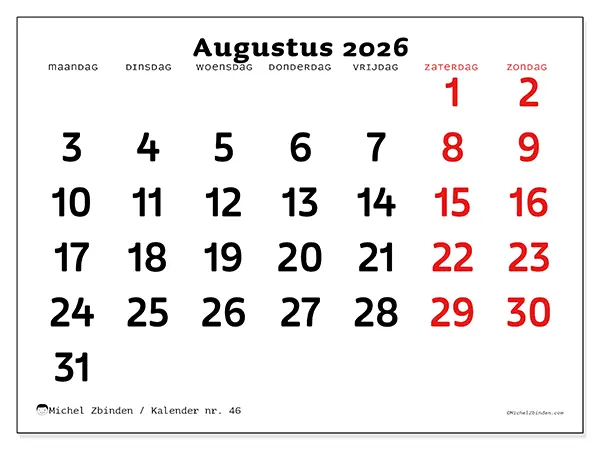 Kalender augustus 2026 om af te drukken - Duidelijk overzicht