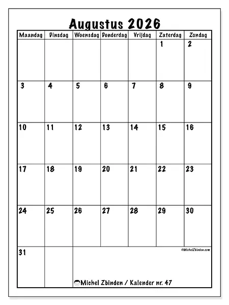 Kalender augustus 2026 om af te drukken - Efficiënte planning