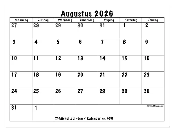 Kalender augustus 2026 om af te drukken - Volledige planning