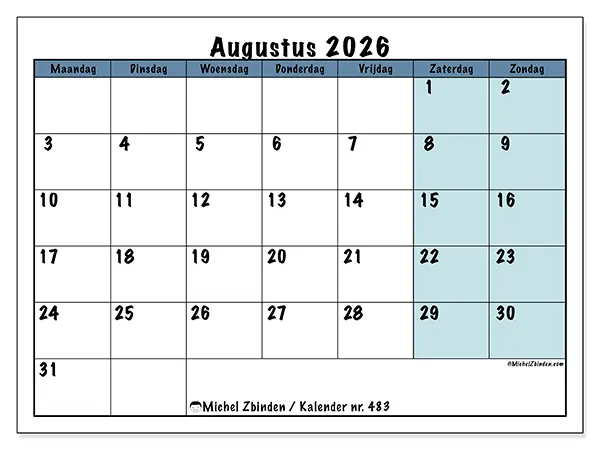 Kalender augustus 2026 om af te drukken - Structuur voor school