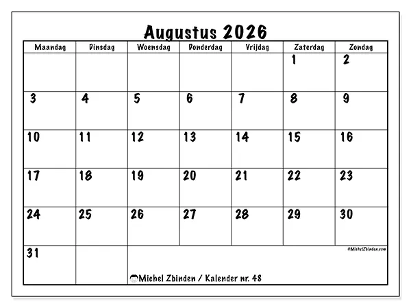 Kalender augustus 2026 om af te drukken - Dagelijkse planning