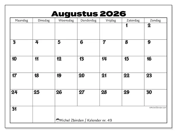 Kalender augustus 2026 om af te drukken - Productieve coordinatie