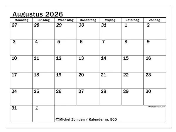 Kalender augustus 2026 om af te drukken - Intensieve planning