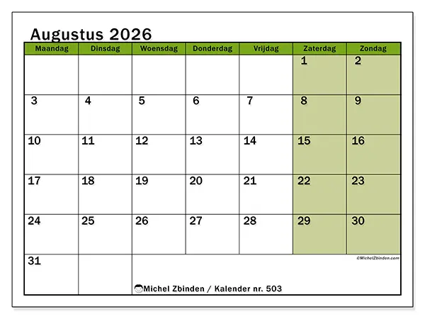 Kalender augustus 2026 om af te drukken - Levendige organisatie