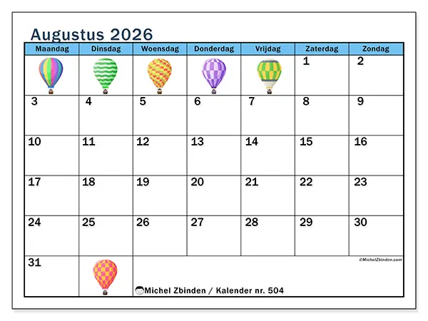 Kalender augustus 2026 om af te drukken - Luchtballonnen