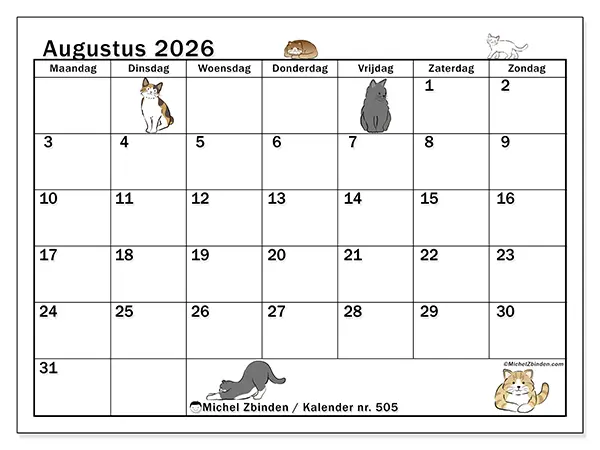 Kalender augustus 2026 om af te drukken - Kattenleven