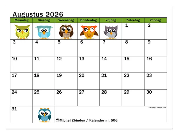 Kalender augustus 2026 om af te drukken - Grappige uilen