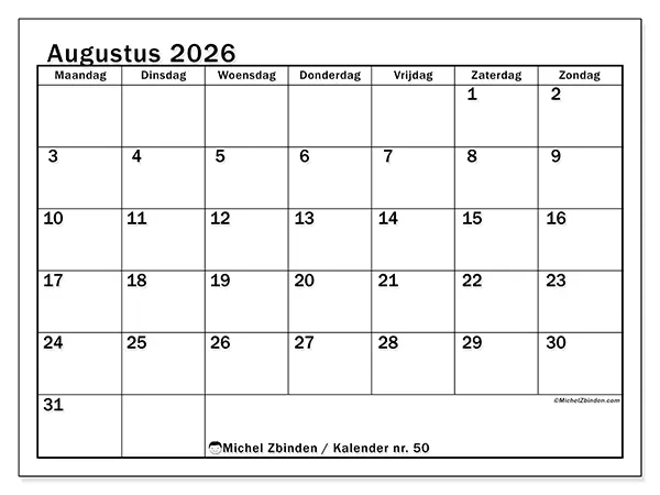 Kalender augustus 2026 om af te drukken - Heldere planning