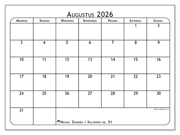 Kalender augustus 2026 om af te drukken - Maaltijdplanner