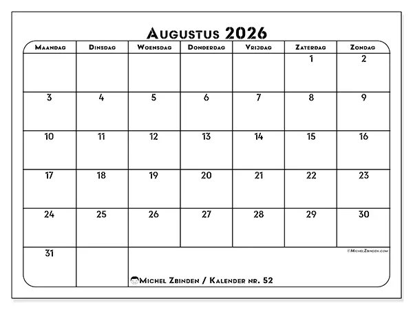 Kalender augustus 2026 om af te drukken - Professionele organisatie