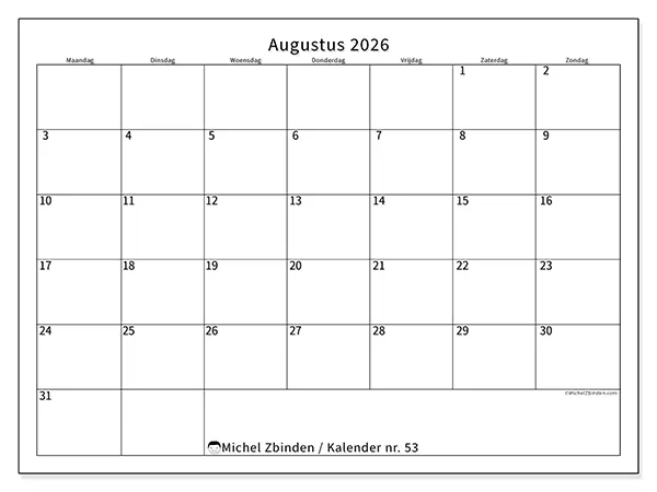 Kalender augustus 2026 om af te drukken - Efficiënte agenda