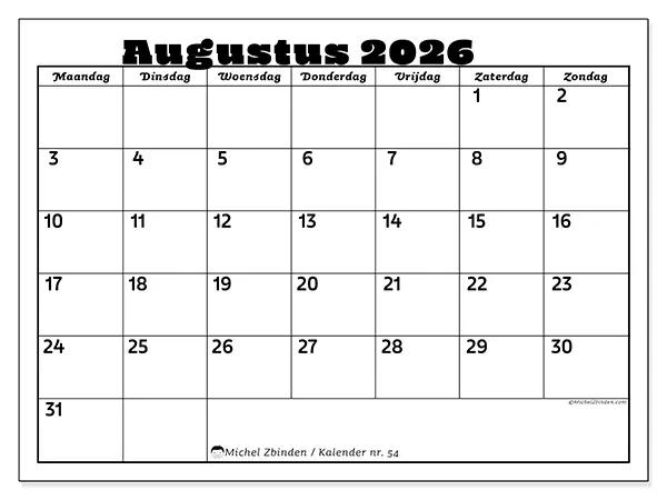 Kalender augustus 2026 om af te drukken - Familieactiviteiten