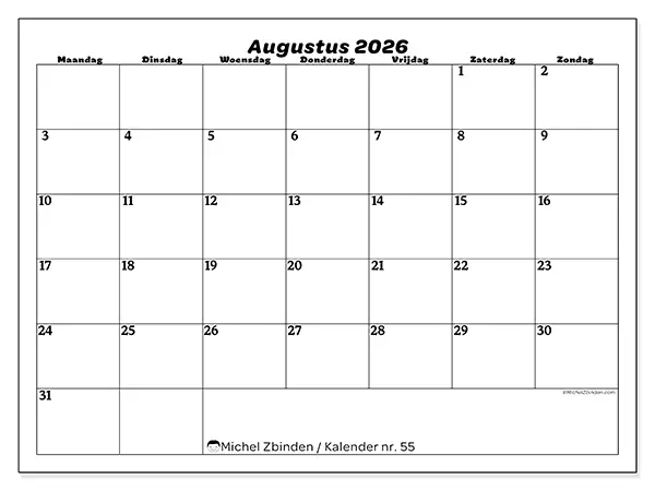 Kalender augustus 2026 om af te drukken - Organisatie van vrije tijd
