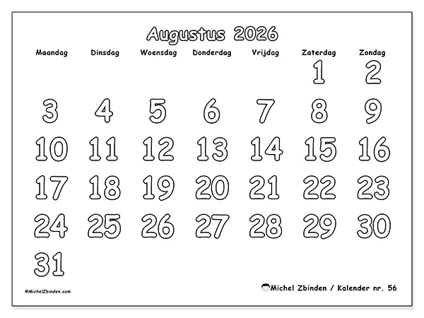 Kalender augustus 2026 om af te drukken - Nuttig kleuren