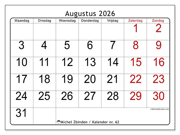 Kalender augustus 2026 om af te drukken - Snel overzicht