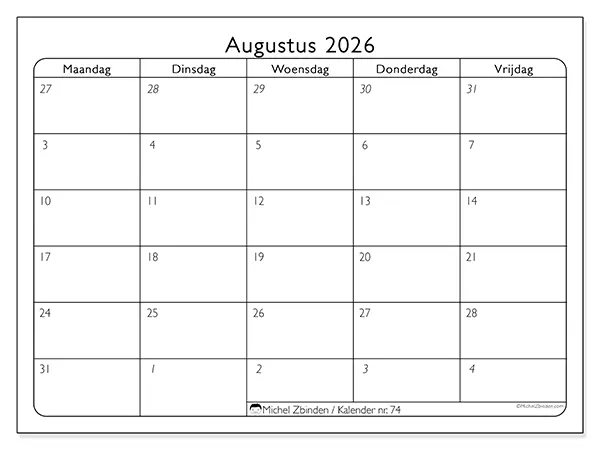 Kalender augustus 2026 om af te drukken - Werkorganisatie