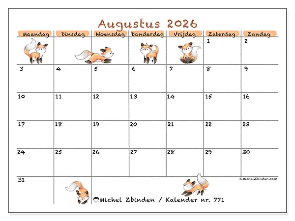 Kalender augustus 2026 om af te drukken - Vossentekeningen