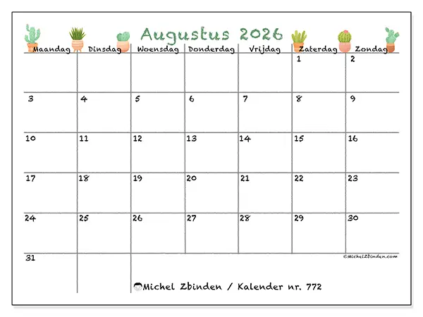 Kalender augustus 2026 om af te drukken - Decoratieve cactus