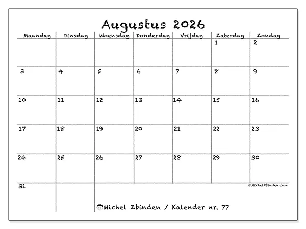 Kalender augustus 2026 om af te drukken - School en familie