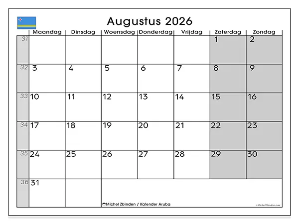 Kalender augustus 2026 om af te drukken - Aruba