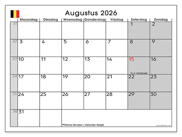 Kalender augustus 2026 om af te drukken - België
