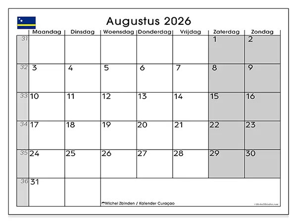 Kalender augustus 2026 om af te drukken - Curaçao