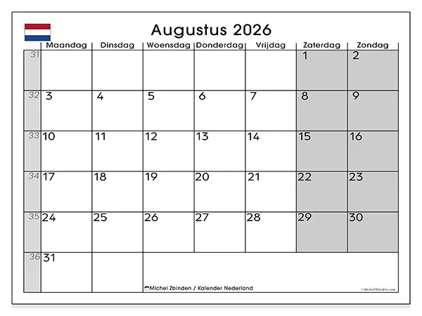 Kalender augustus 2026 om af te drukken - Nederland
