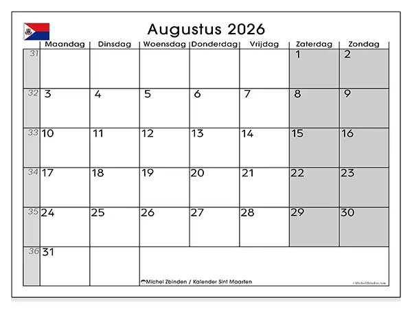Kalender augustus 2026 om af te drukken - Sint Maarten