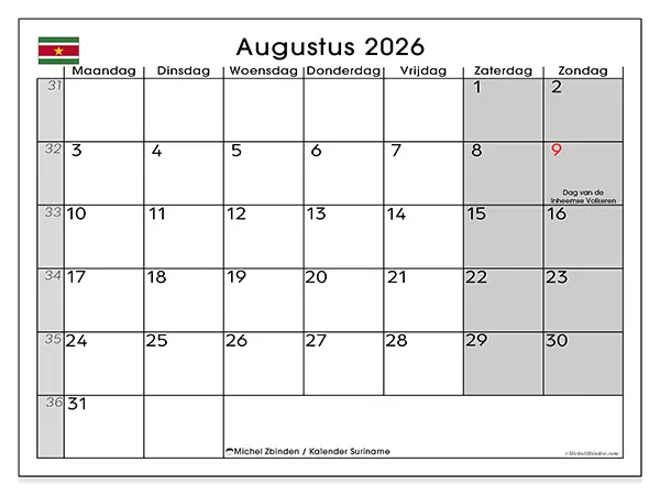 Kalender augustus 2026 om af te drukken - Suriname