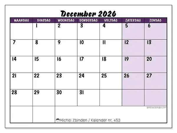Kalender december 2026 om af te drukken - Kleurrijke taken