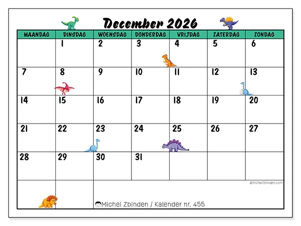 Kalender december 2026 om af te drukken - Kleine dinosaurussen