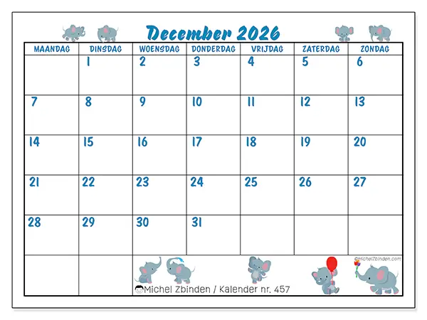 Kalender december 2026 om af te drukken - Kleine olifanten