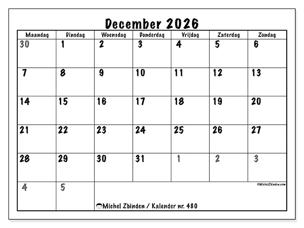 Kalender december 2026 om af te drukken - Volledige planning