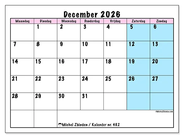 Kalender december 2026 om af te drukken - Teamagenda
