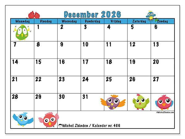 Kalender december 2026 om af te drukken - Grappige vogels